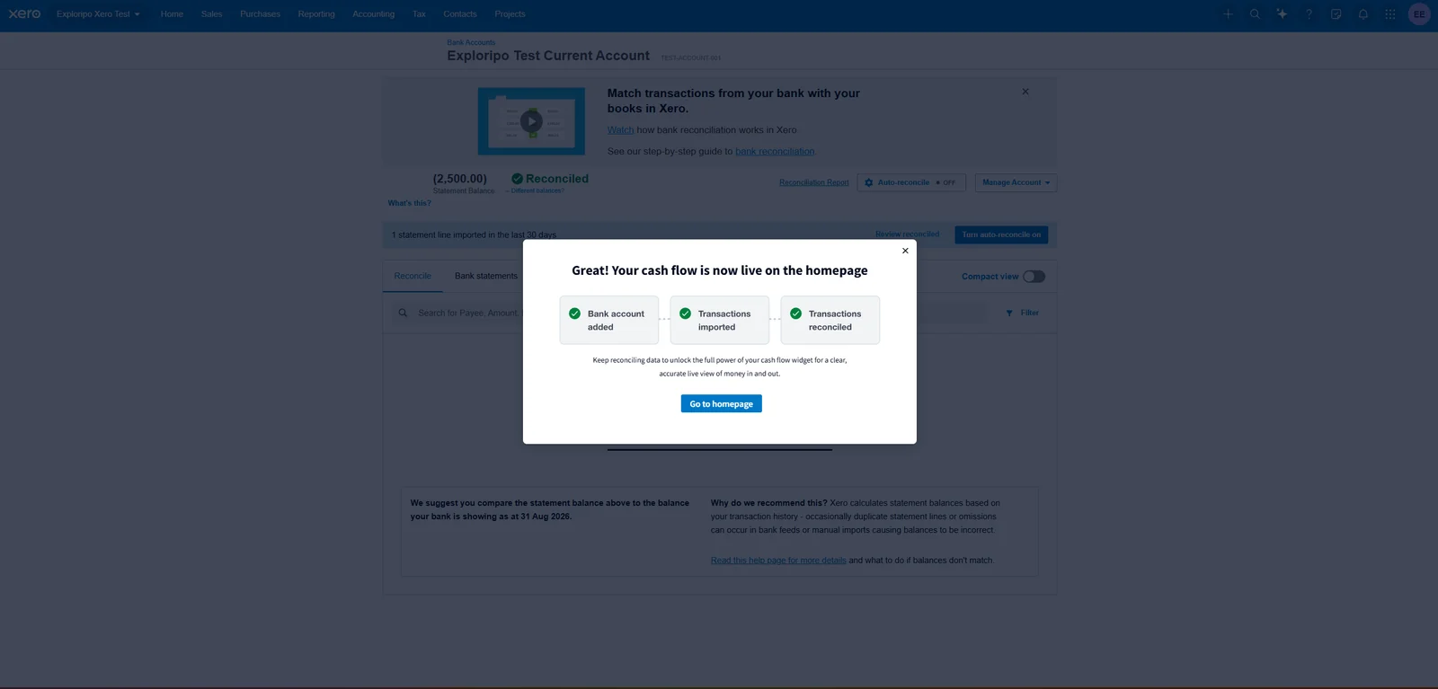 Xero showing the imported fictional statement line as reconciled