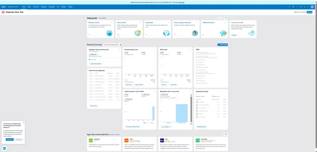 Xero dashboard reflecting the fictional reconciled cash outflow and retained draft totals
