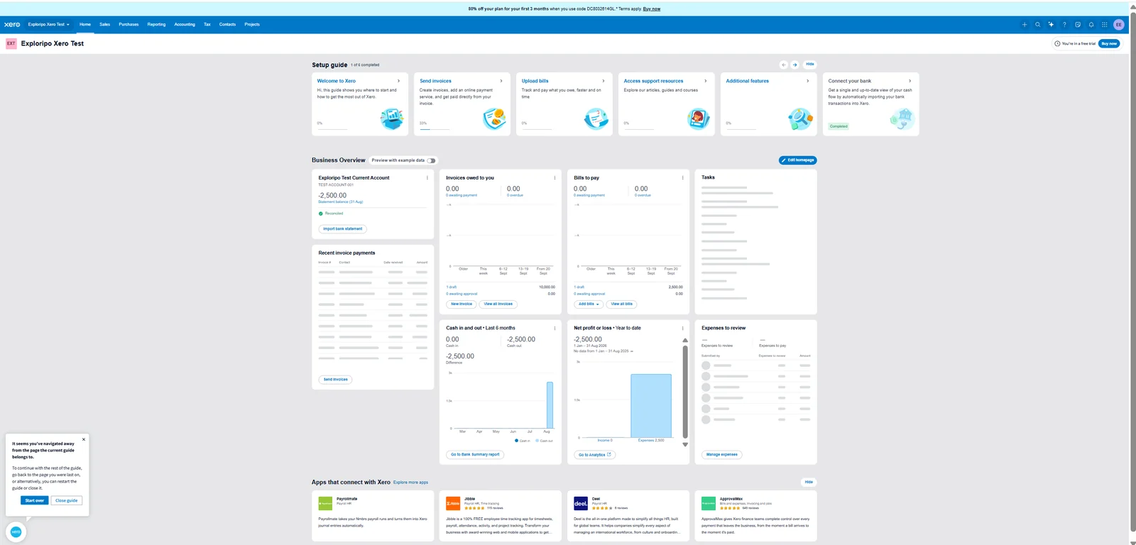 Xero dashboard reflecting the fictional reconciled cash outflow and retained draft totals