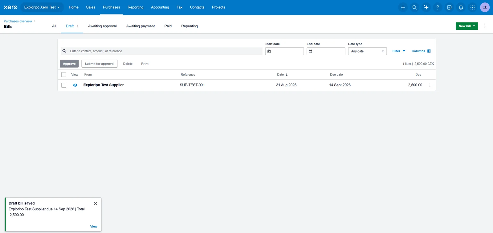 Xero Bills list showing the saved fictional supplier bill after refresh