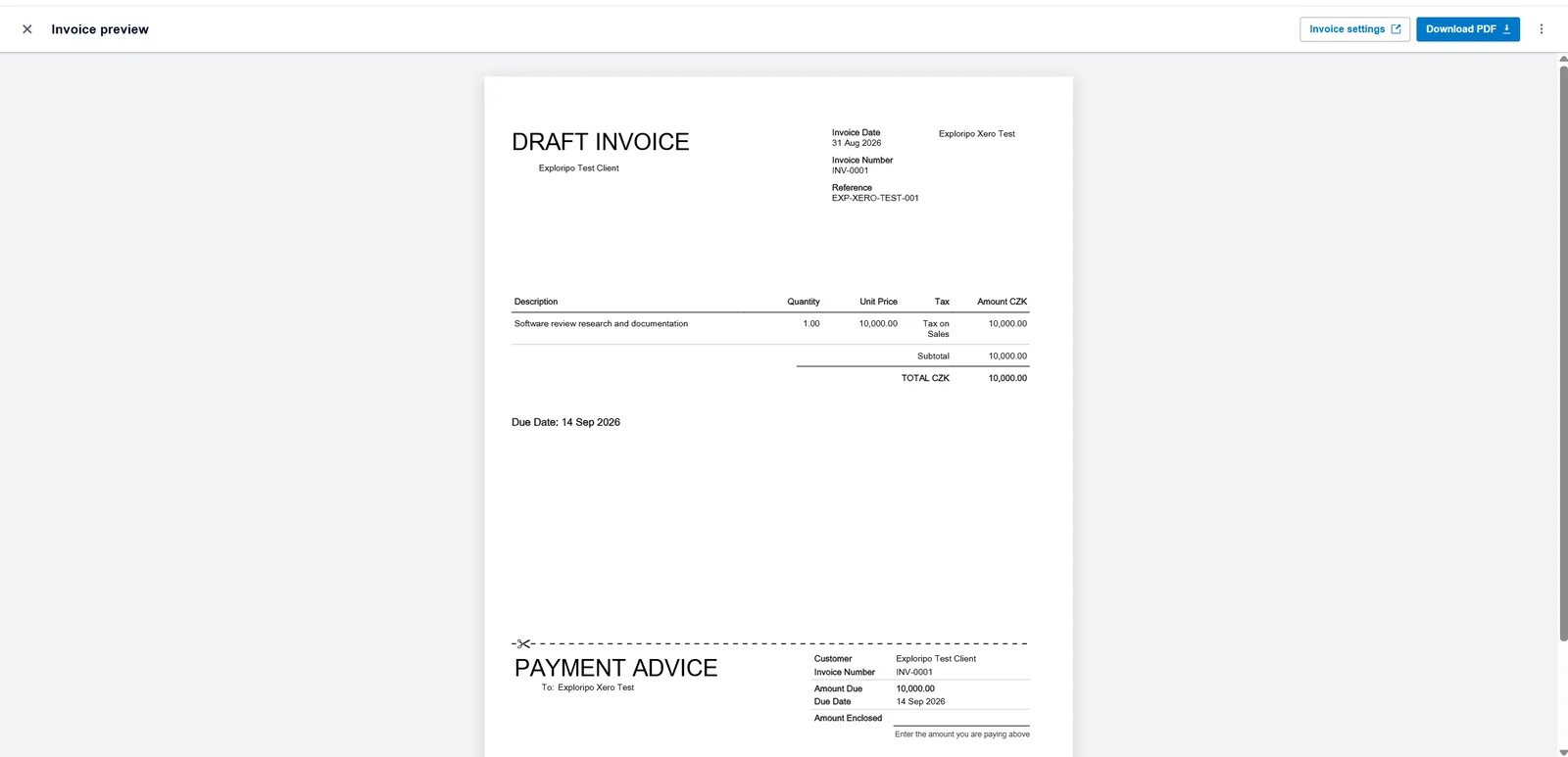Xero draft invoice preview with the fictional CZK 10,000 total