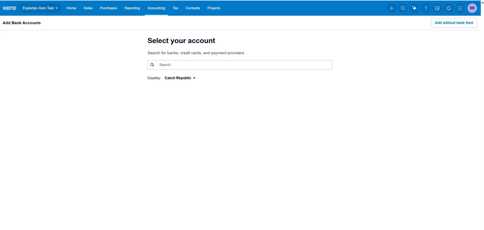 Xero add-account screen showing the manual option without a bank feed