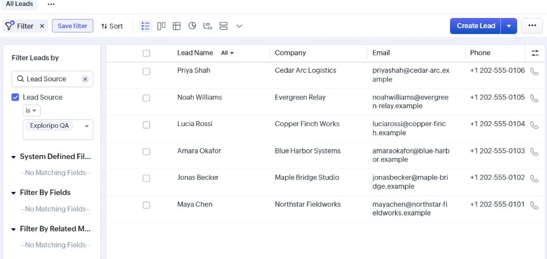 Zoho CRM filtered Leads view showing six synthetic records with Lead Source Exploripo QA