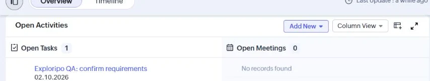 Zoho CRM open activities panel with one synthetic follow-up task due October 2 2026