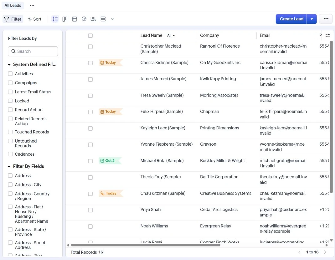 Zoho CRM Leads module after a six-record synthetic import