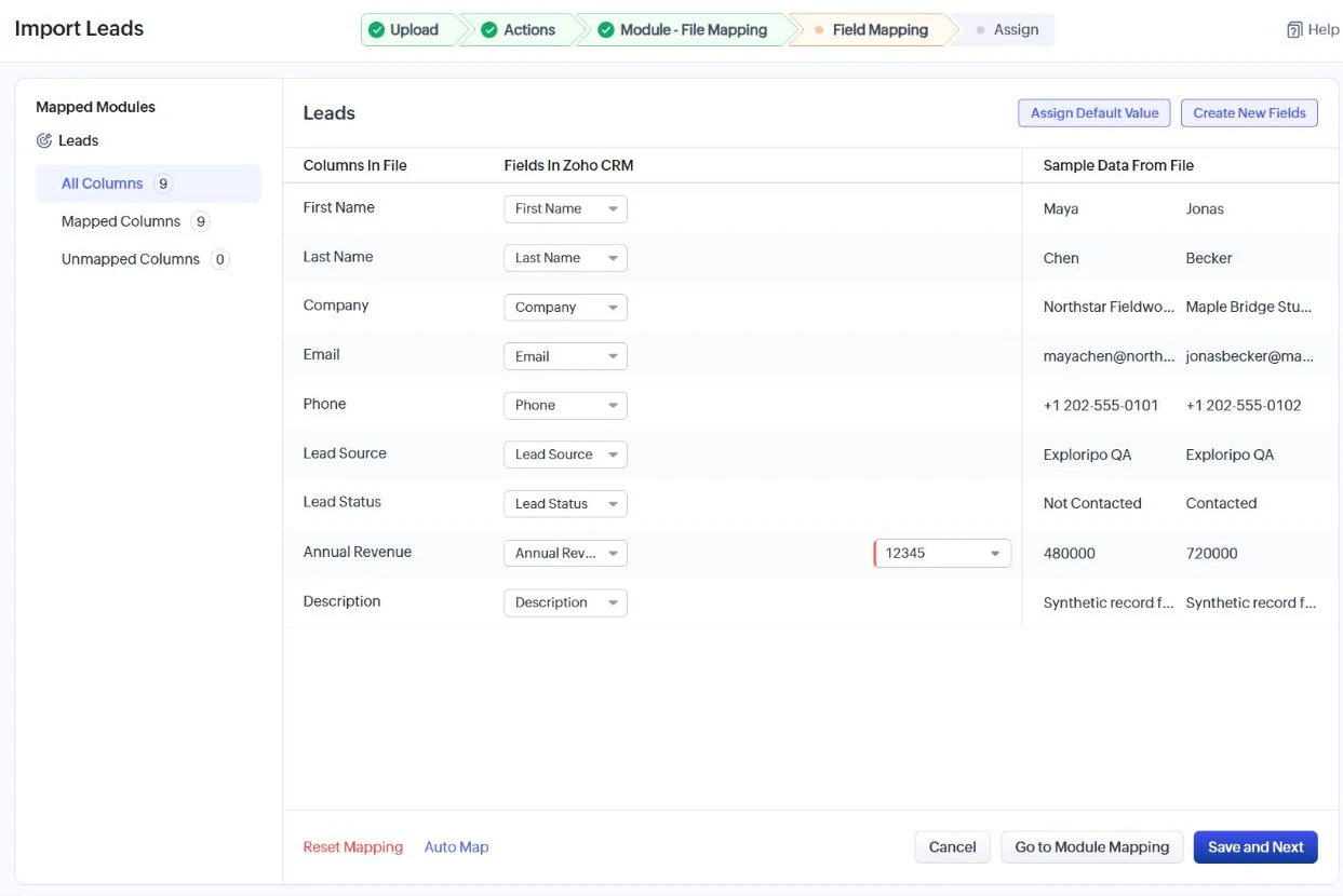 Zoho CRM field mapping screen with nine mapped columns for a synthetic lead CSV