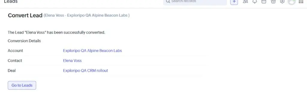 Zoho CRM conversion result showing the fictional Elena Voss lead converted to an Alpine Beacon Labs account, contact and CRM rollout deal