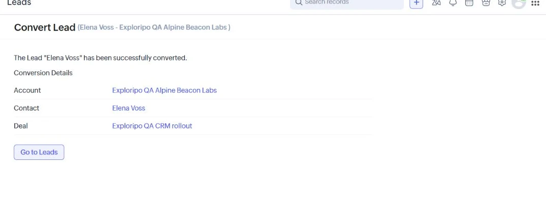 Zoho CRM conversion result showing the fictional Elena Voss lead converted to an Alpine Beacon Labs account, contact and CRM rollout deal