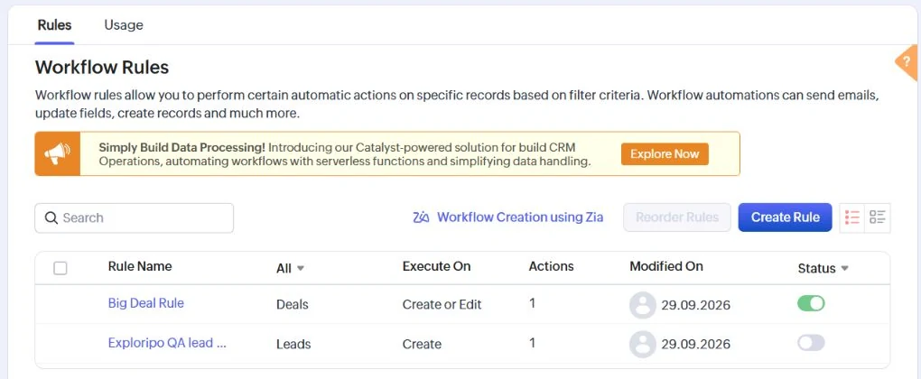 Zoho CRM Workflow Rules list showing the Exploripo QA lead rule inactive