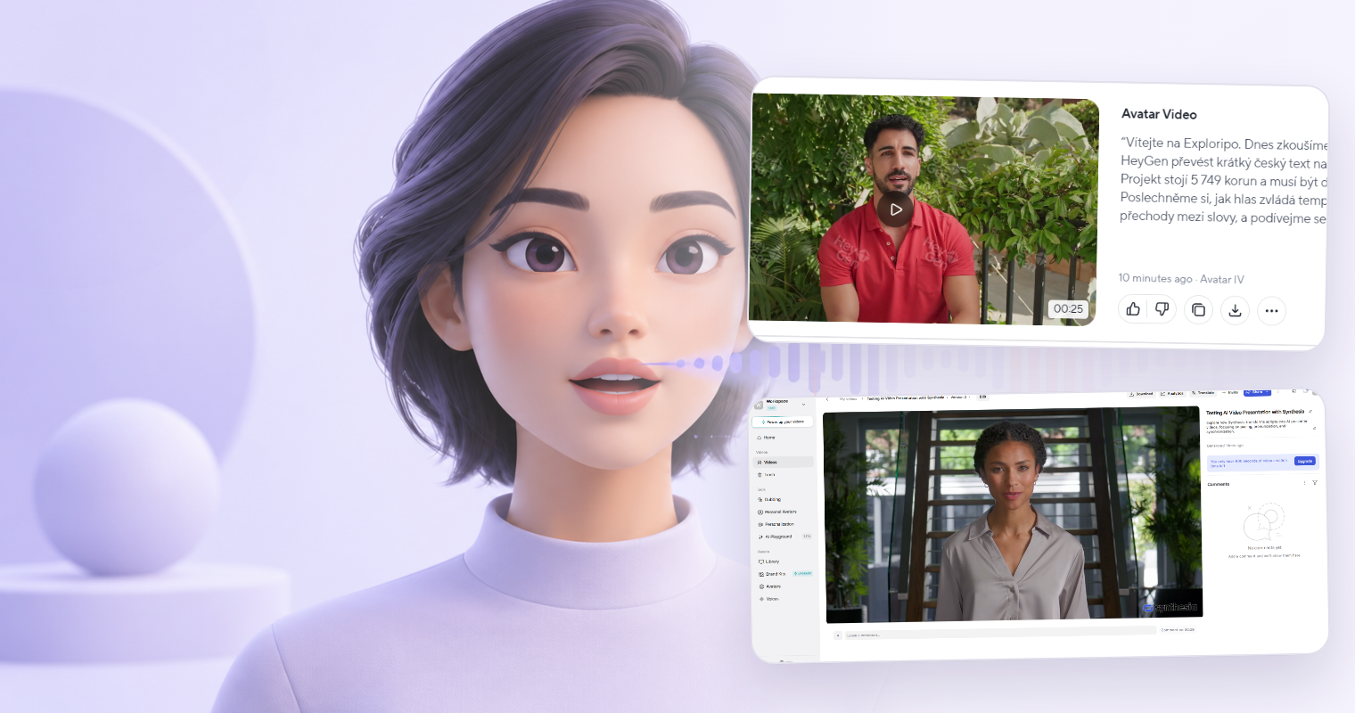 Editorial AI avatar with authentic HeyGen and Synthesia test-output interface fragments.