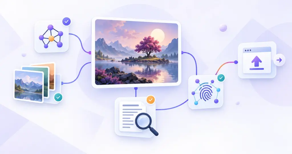 AI image rights workflow showing model, source assets, terms, provenance, and publication checks