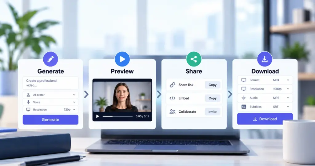 AI video workflow showing generation, preview, sharing, and download checks