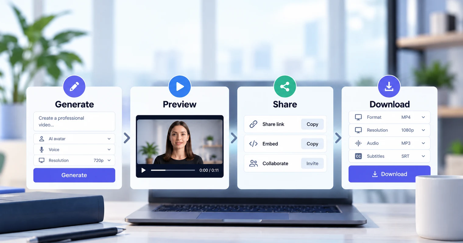 AI video workflow showing generation, preview, sharing, and download checks