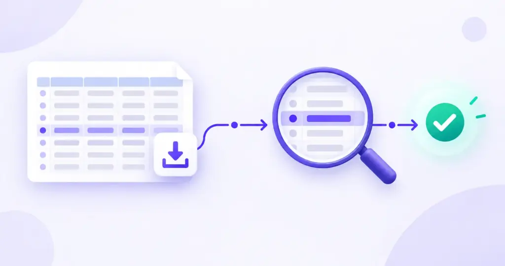 CSV export rows moving through inspection to a verified checkmark