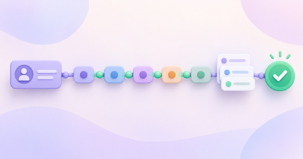 Pastel editorial illustration of a synthetic CRM deal moving through five connected sales pipeline stages, history records and a final confirmation checkmark