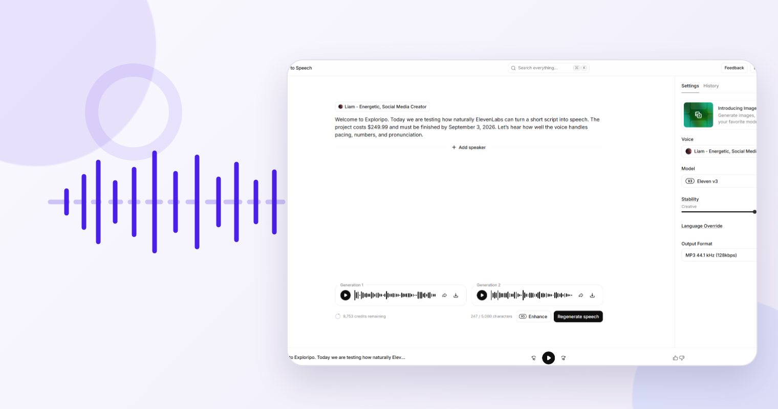 Authentic ElevenLabs Text to Speech interface from an Exploripo test beside a decorative violet audio waveform.