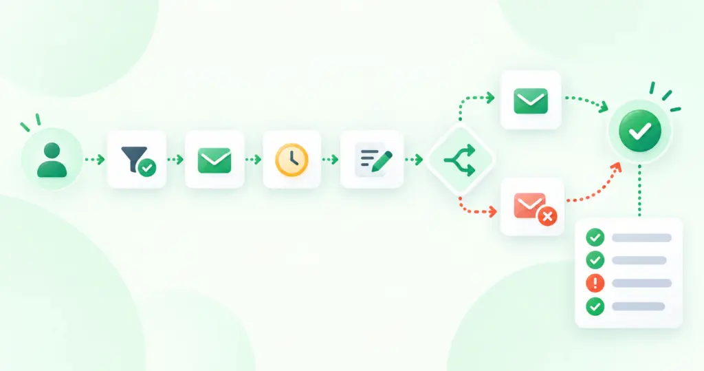 Email automation workflow showing a trigger, actions, delay, branch, exit, and testing checks before activation
