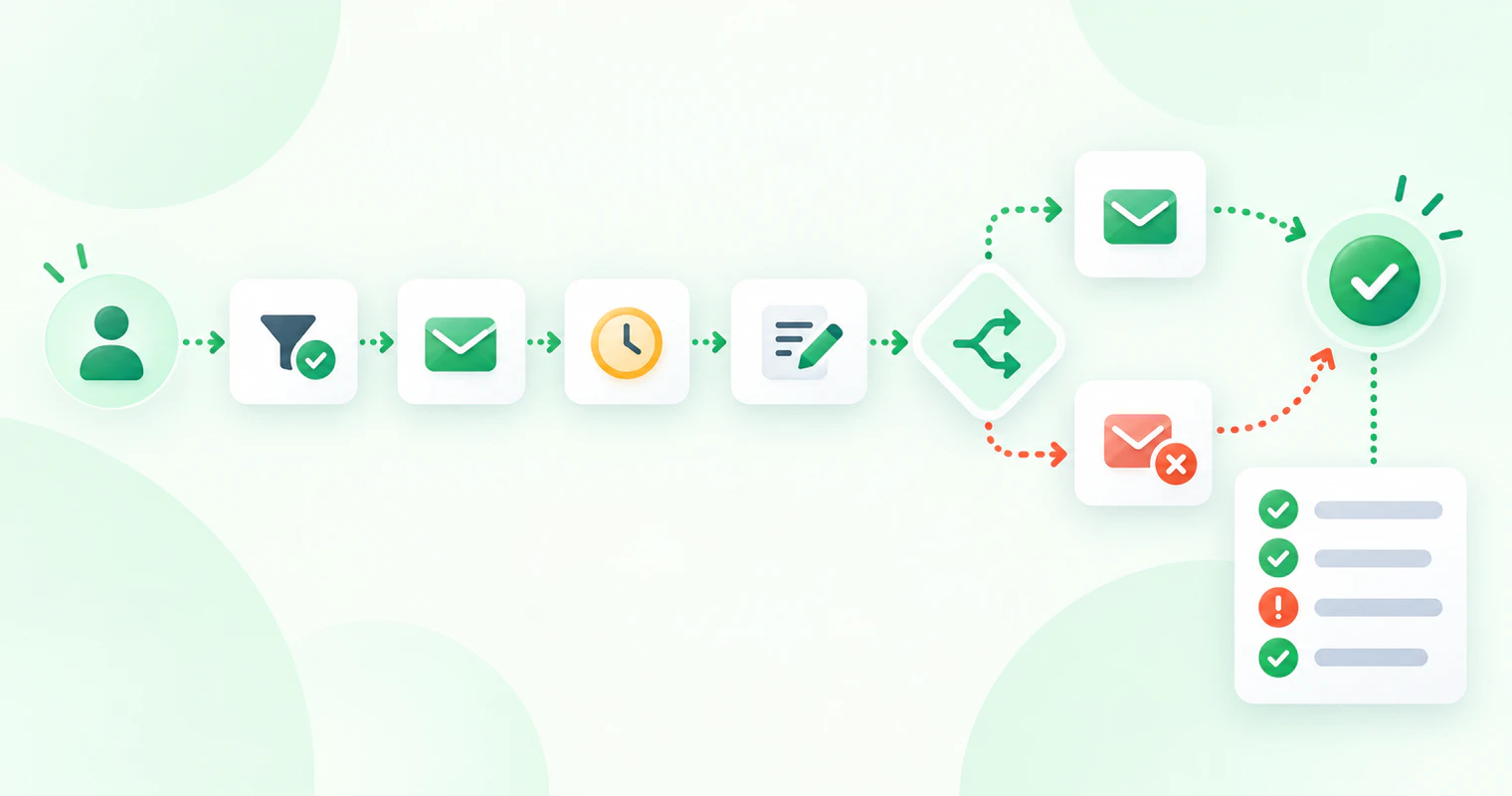 Email automation workflow showing a trigger, actions, delay, branch, exit, and testing checks before activation