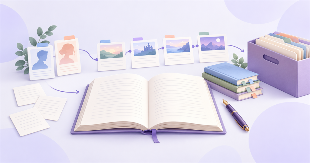 Pastel illustration of an open manuscript connected to character notes, scene cards, research books and an archive folder.