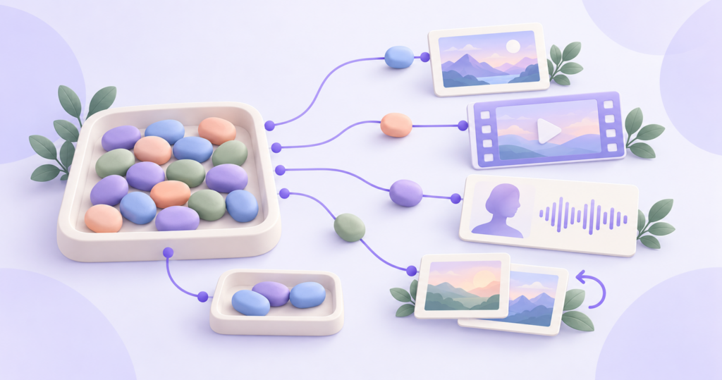 Pastel illustration of a finite pool of AI generation credits divided among image, video, avatar voice and retry planning, with a small reserve.