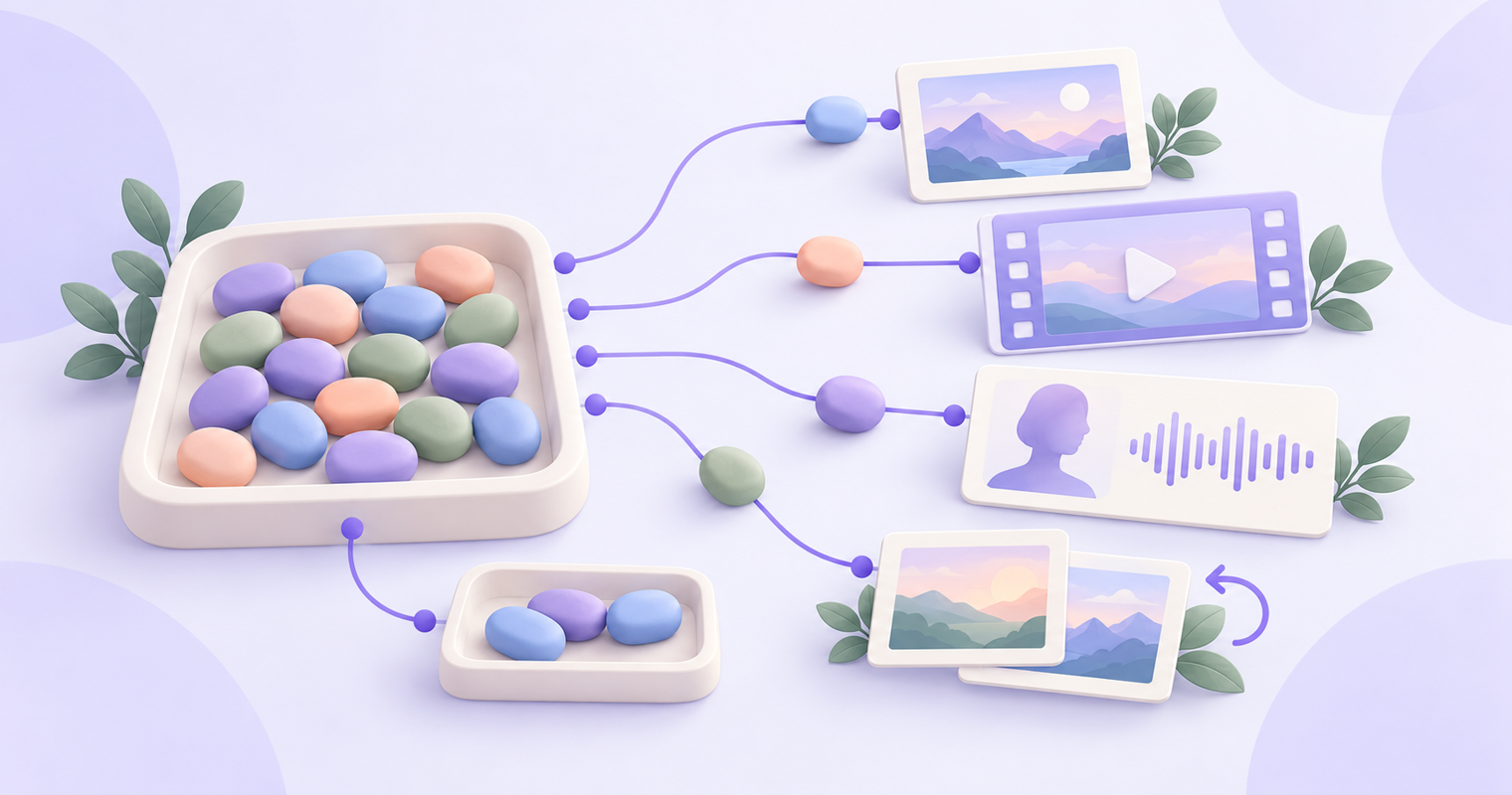 Pastel illustration of a finite pool of AI generation credits divided among image, video, avatar voice and retry planning, with a small reserve.