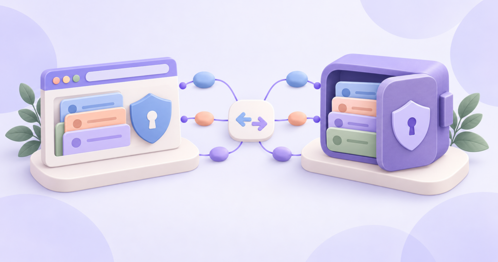 Illustration comparing a browser password vault with a dedicated password manager, connected by a two-way migration symbol.