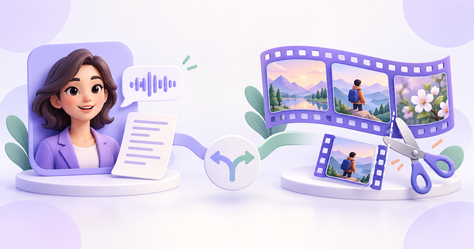 Editorial illustration comparing a digital presenter and script with film clips and editing scissors, joined by a choice symbol.