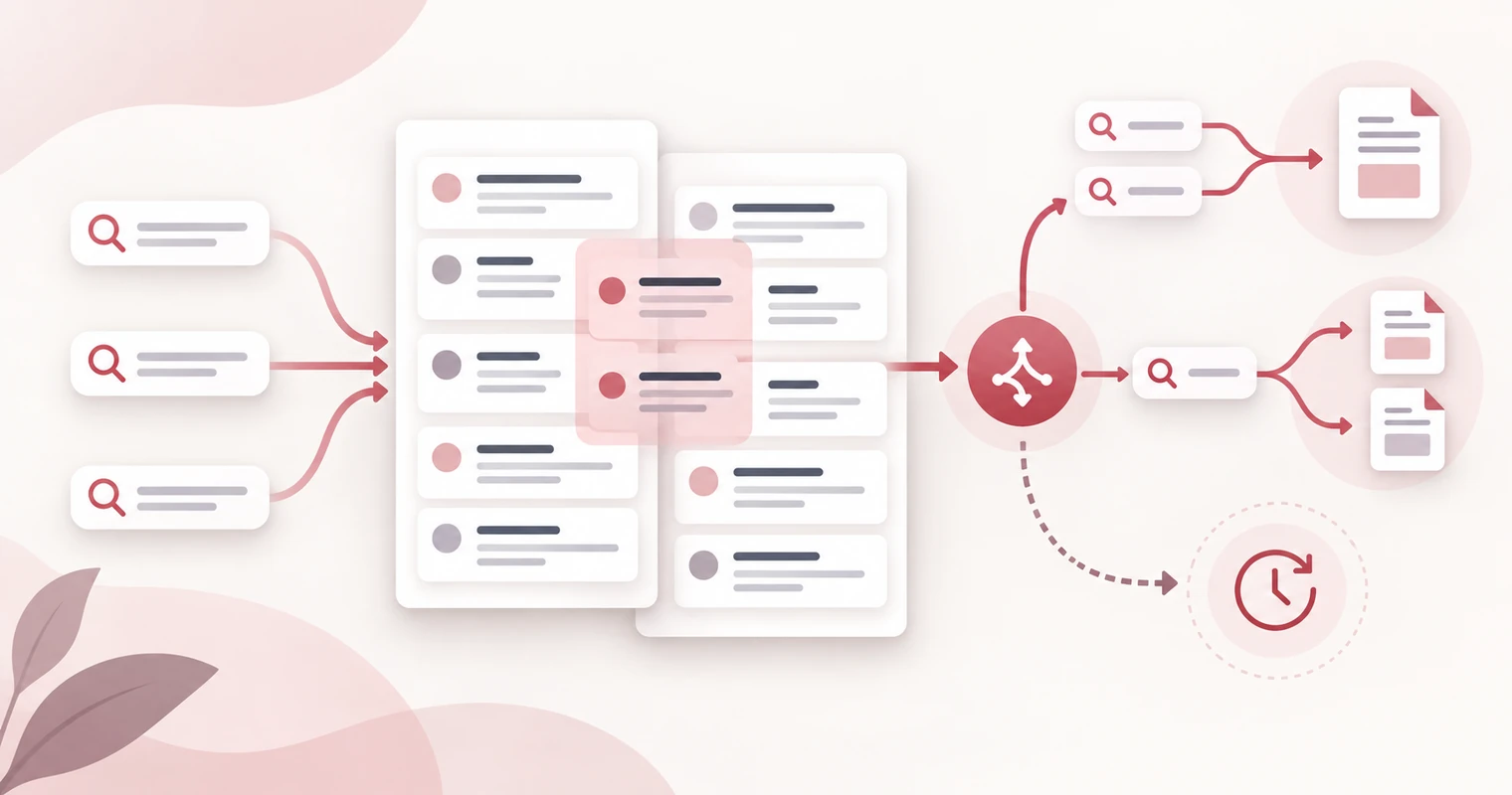 Keyword clustering workflow comparing SERP overlap to decide whether queries belong on one page or separate pages