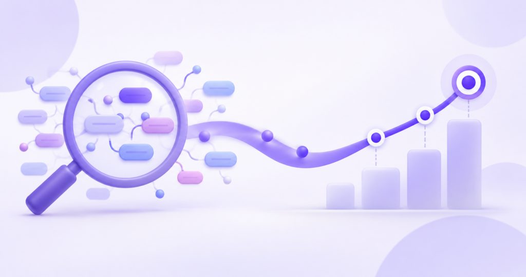 Pastel editorial illustration of keyword discovery flowing into a rising SERP tracking path.