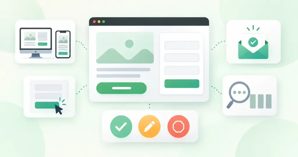 Landing page audit workflow checking mobile layout, form submission, confirmation, and tracking before sending traffic