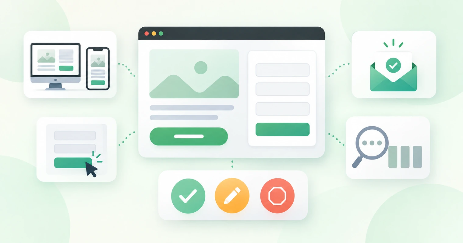 Landing page audit workflow checking mobile layout, form submission, confirmation, and tracking before sending traffic