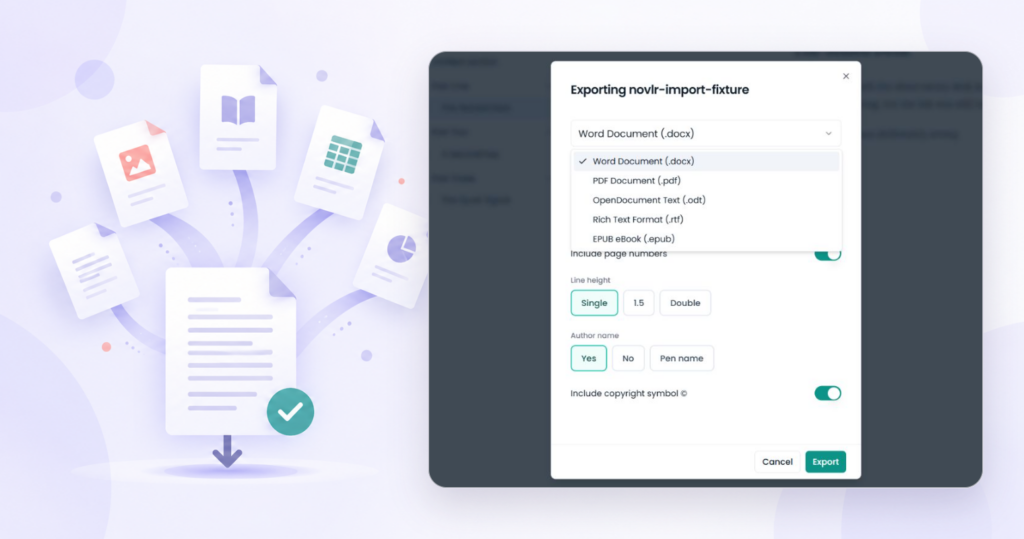 Authentic Novlr export dialog listing DOCX, PDF, ODT, RTF and EPUB beside a decorative manuscript branching into document formats.