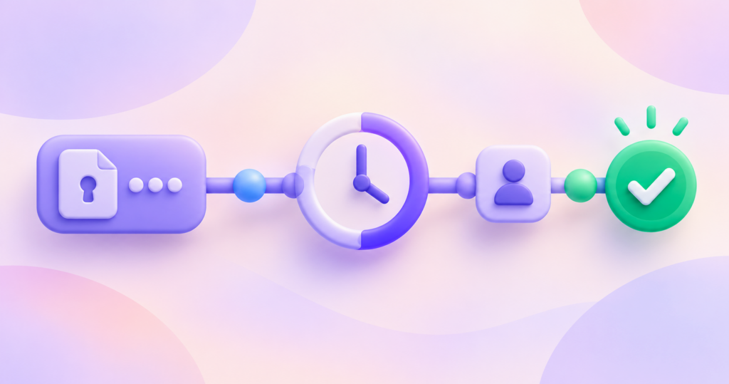 Pastel editorial illustration of a protected item passing through an expiring-link clock to one verified recipient