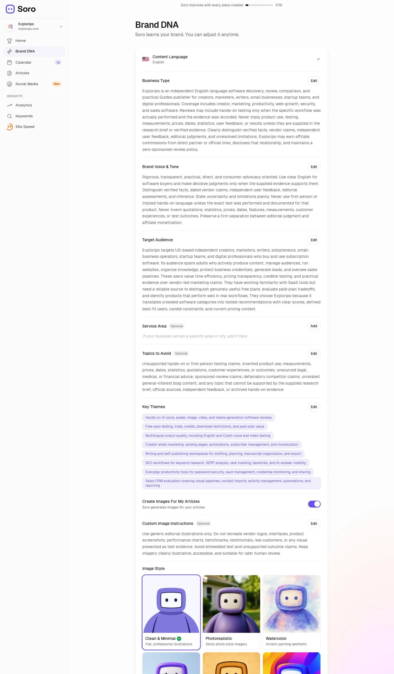 Soro Brand DNA settings showing English content, business description, evidence-led voice, target audience, topics to avoid and image-style controls