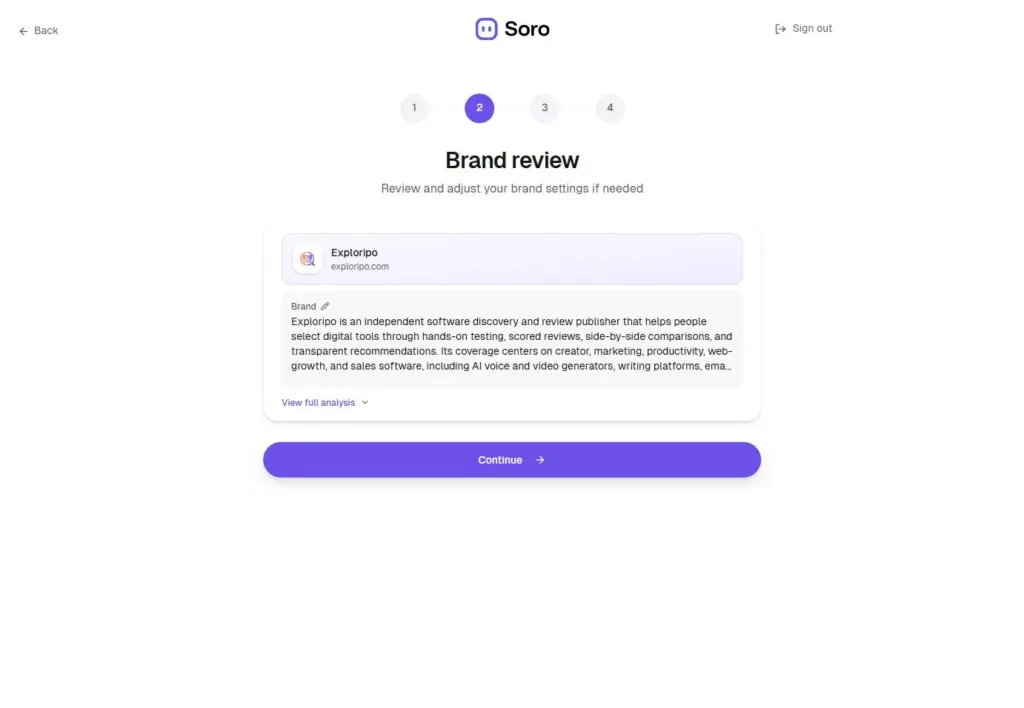 Soro onboarding Brand review showing Exploripo's inferred business description and a Continue button