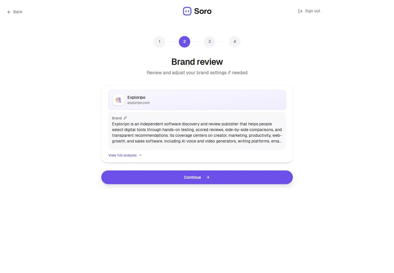 Soro onboarding Brand review showing Exploripo's inferred business description and a Continue button