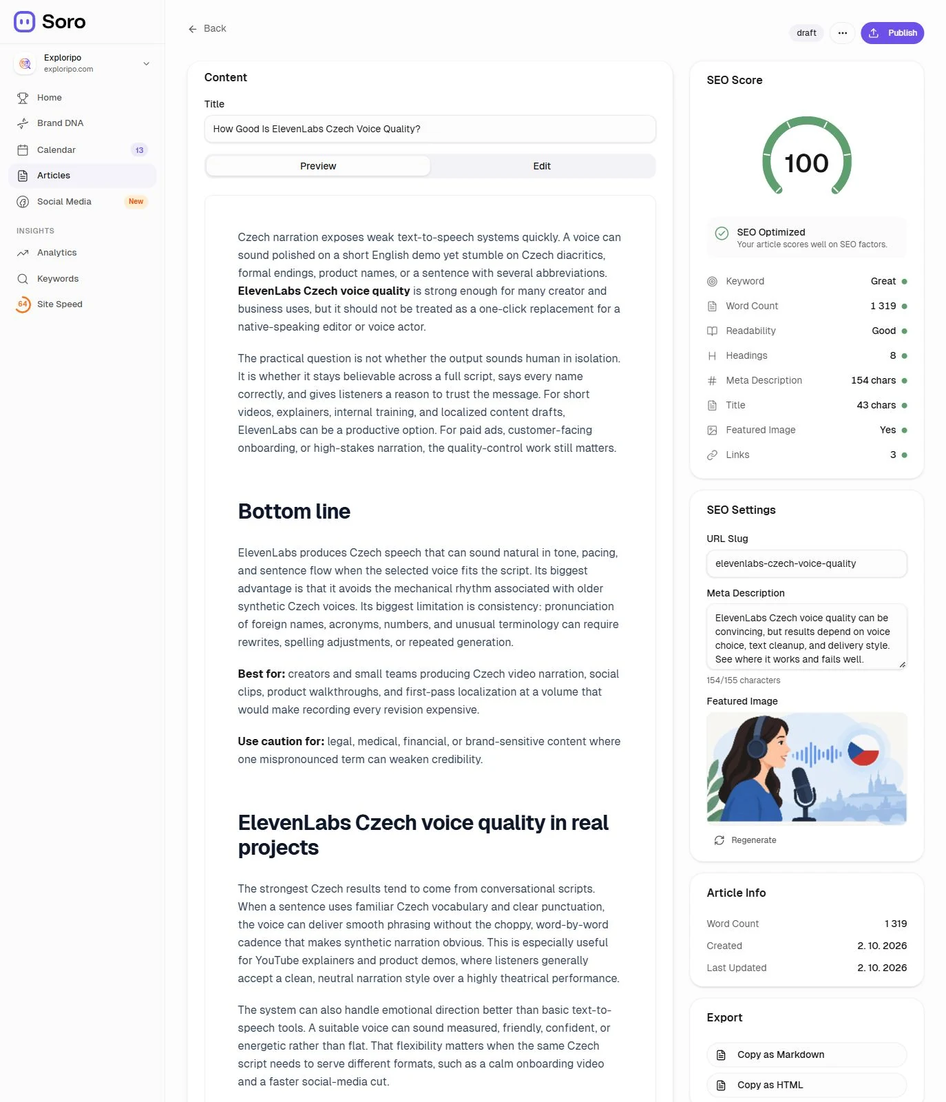 Soro article editor showing the first ElevenLabs Czech draft, SEO score 100, metadata, image and export controls