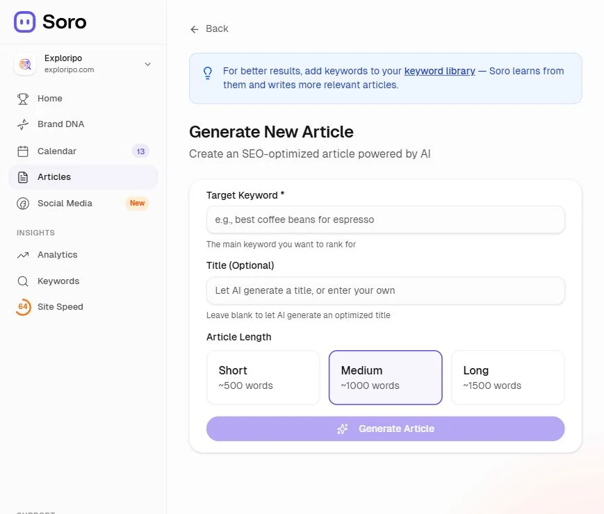 Soro Generate New Article form with target keyword, optional title and Short, Medium and Long choices